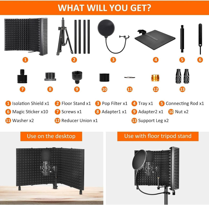 Triple-Layer Foldable Microphone Isolation Shield with Tripod Stand