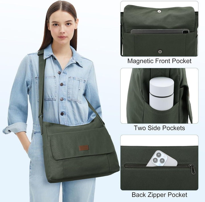 Canvas Laptop Messenger Bag with Multiple Pockets – Unisex Crossbody Tote
