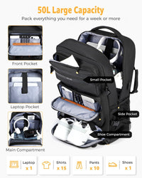 50L Flight-Approved Travel Backpack with Shoe Compartment & Convertible Carry