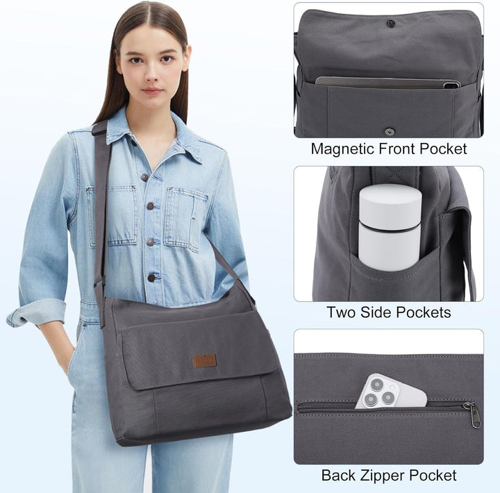 Canvas Laptop Messenger Bag with Multiple Pockets – Unisex Crossbody Tote