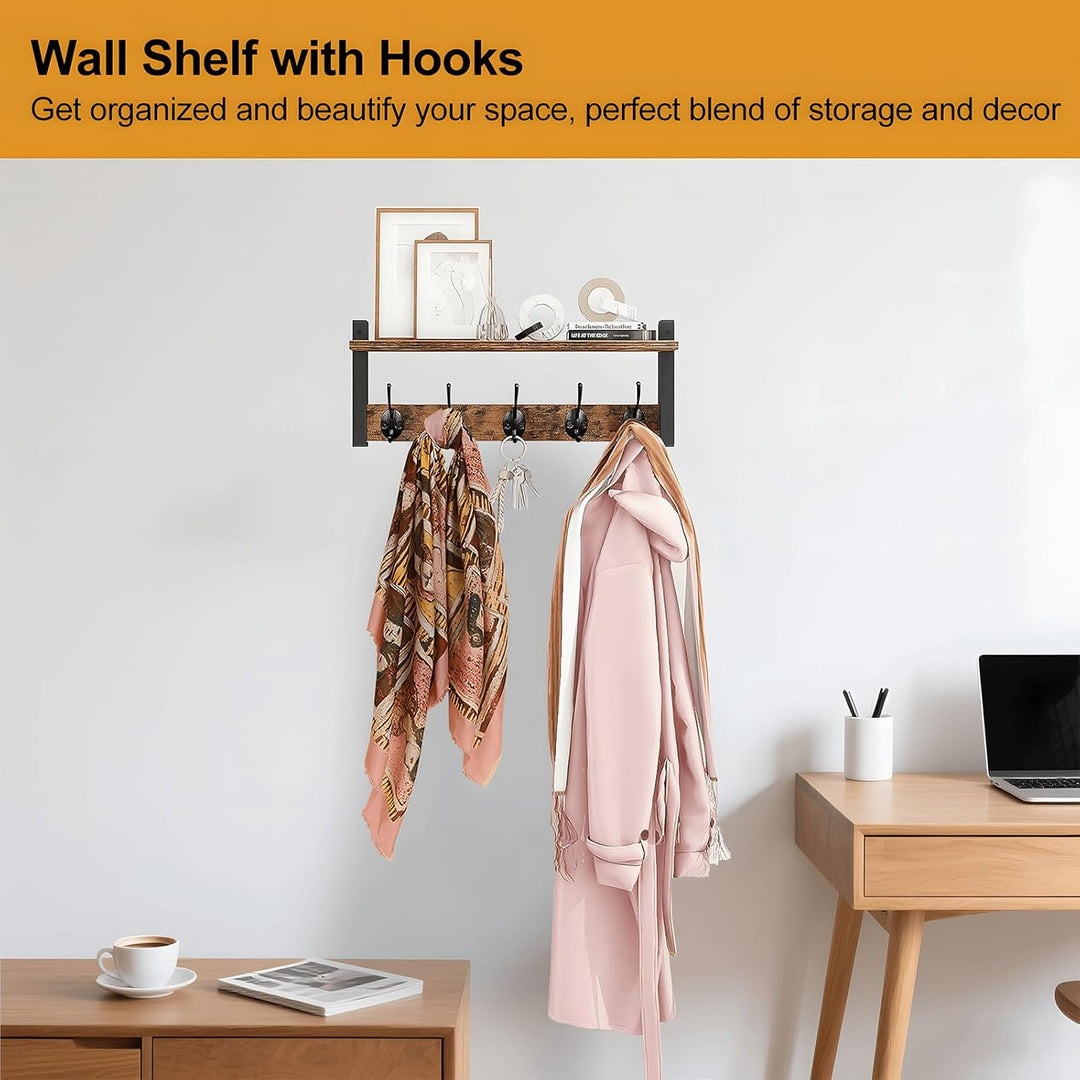 Wall-Mounted Coat Rack with Shelf and 5 Metal Hooks – Ravora