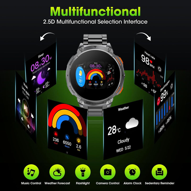 Military Smart Watch for Men with 1.85" HD Screen and Flashlight