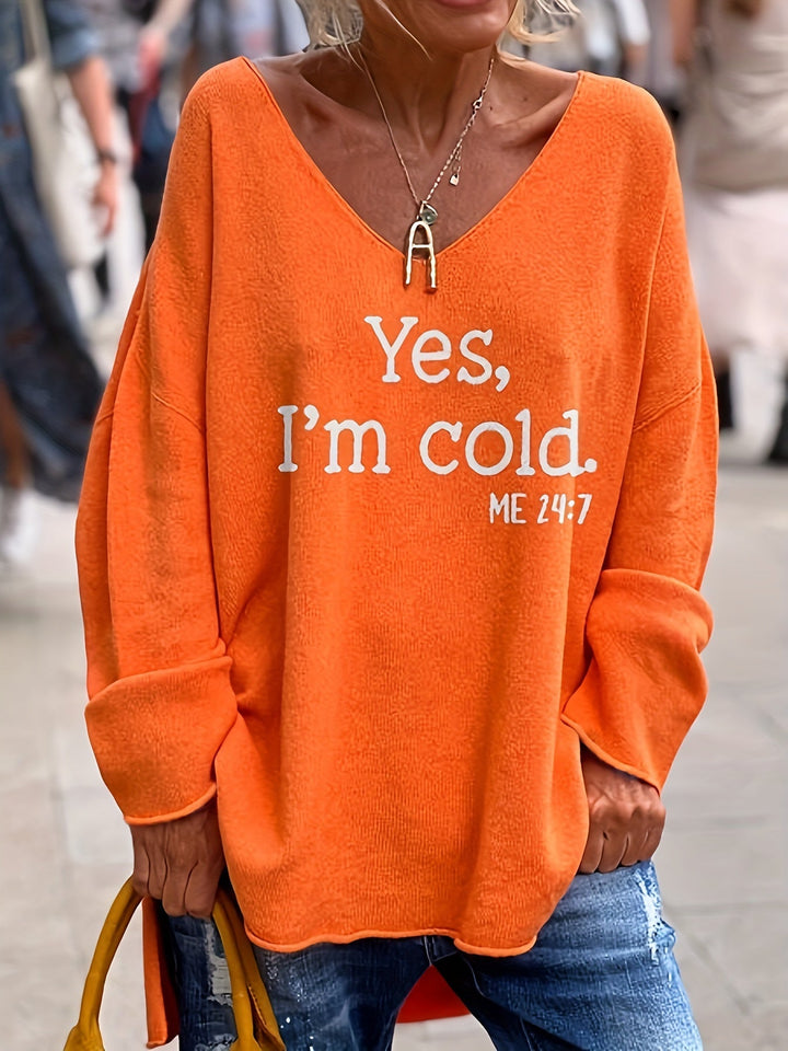 Ladies oversized jumper with V-neck & pattern – Alenia