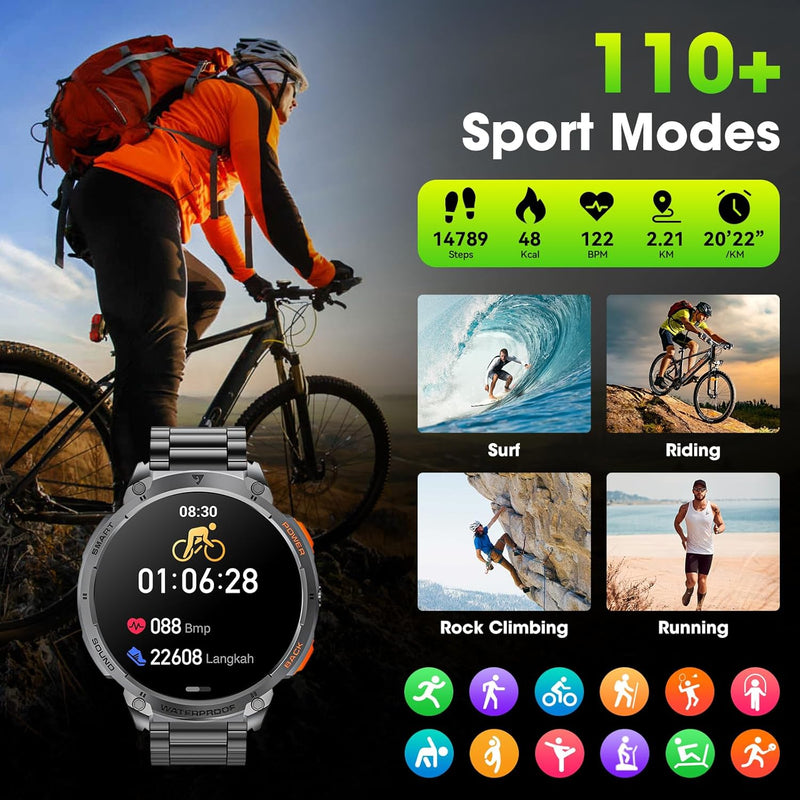 Military Smart Watch for Men with 1.85" HD Screen and Flashlight