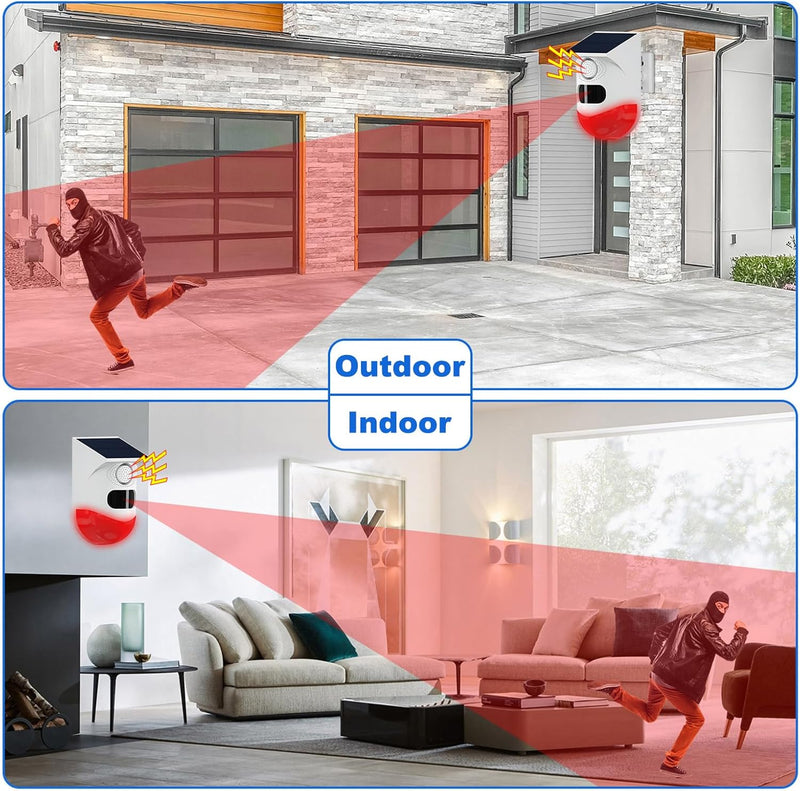 Solar Motion Sensor Alarm with 120dB Siren and LED Strobe – Feronix