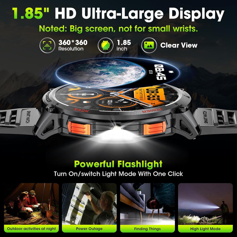 Military Smart Watch for Men with 1.85" HD Screen and Flashlight
