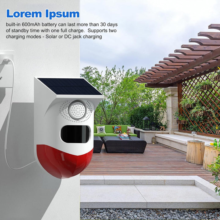 Solar Motion Sensor Alarm with 120dB Siren and LED Strobe – Feronix