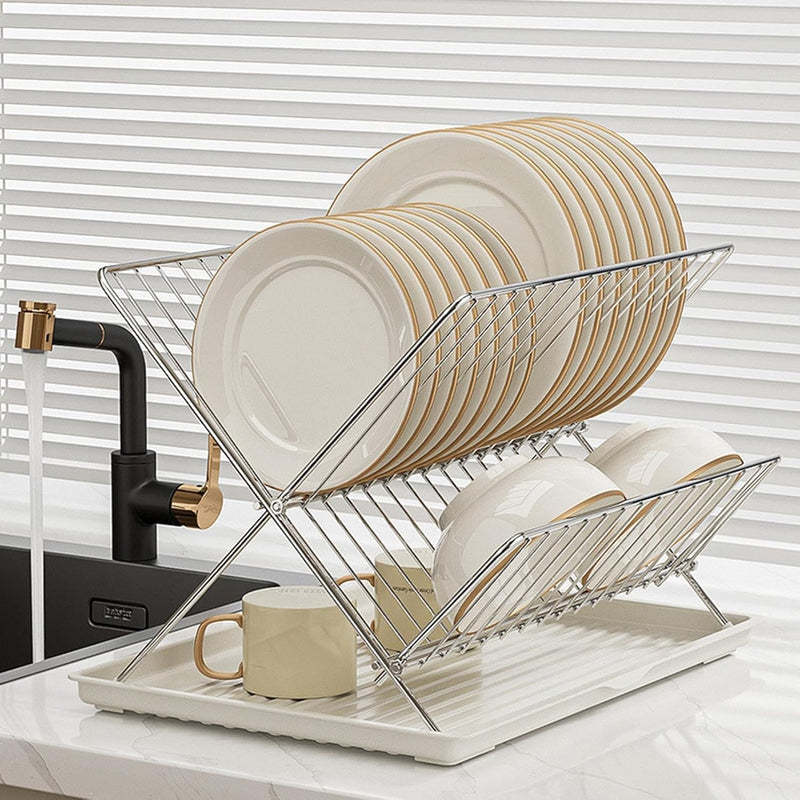 Folding Dish Drying Rack – 2-Tier Countertop Drainer with Detachable Tray – Kelvra