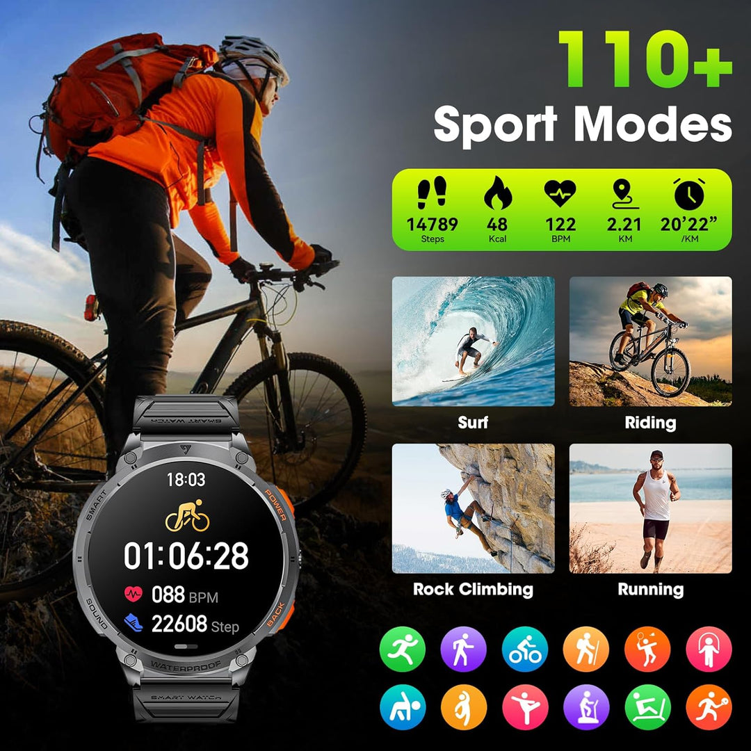 Military Smart Watch for Men with 1.85" HD Screen and Flashlight
