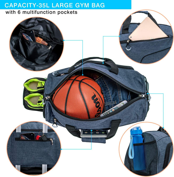 Waterproof 35L Gym Duffel with Shoe Compartment & Wet Pocket – Unisex Sports & Travel Bag