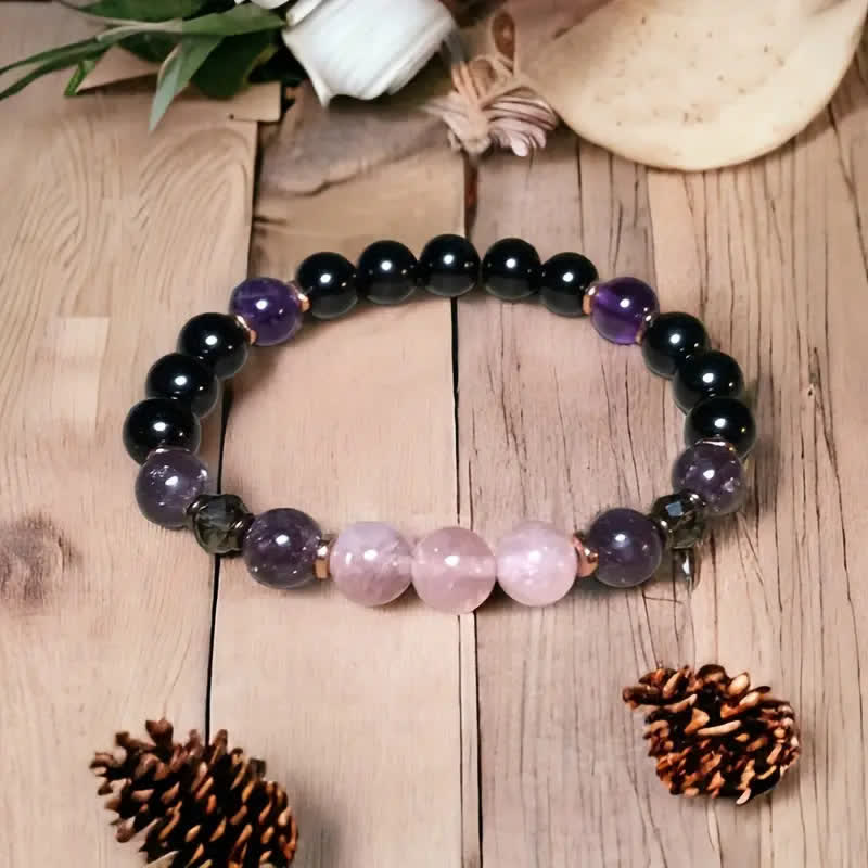 8mm Rose Quartz Obsidian Amethyst Bead Bracelet - Aurora