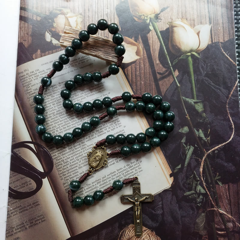 Moss Agate Sacred Medal Cross Pendant Rosary Necklace - Celeste