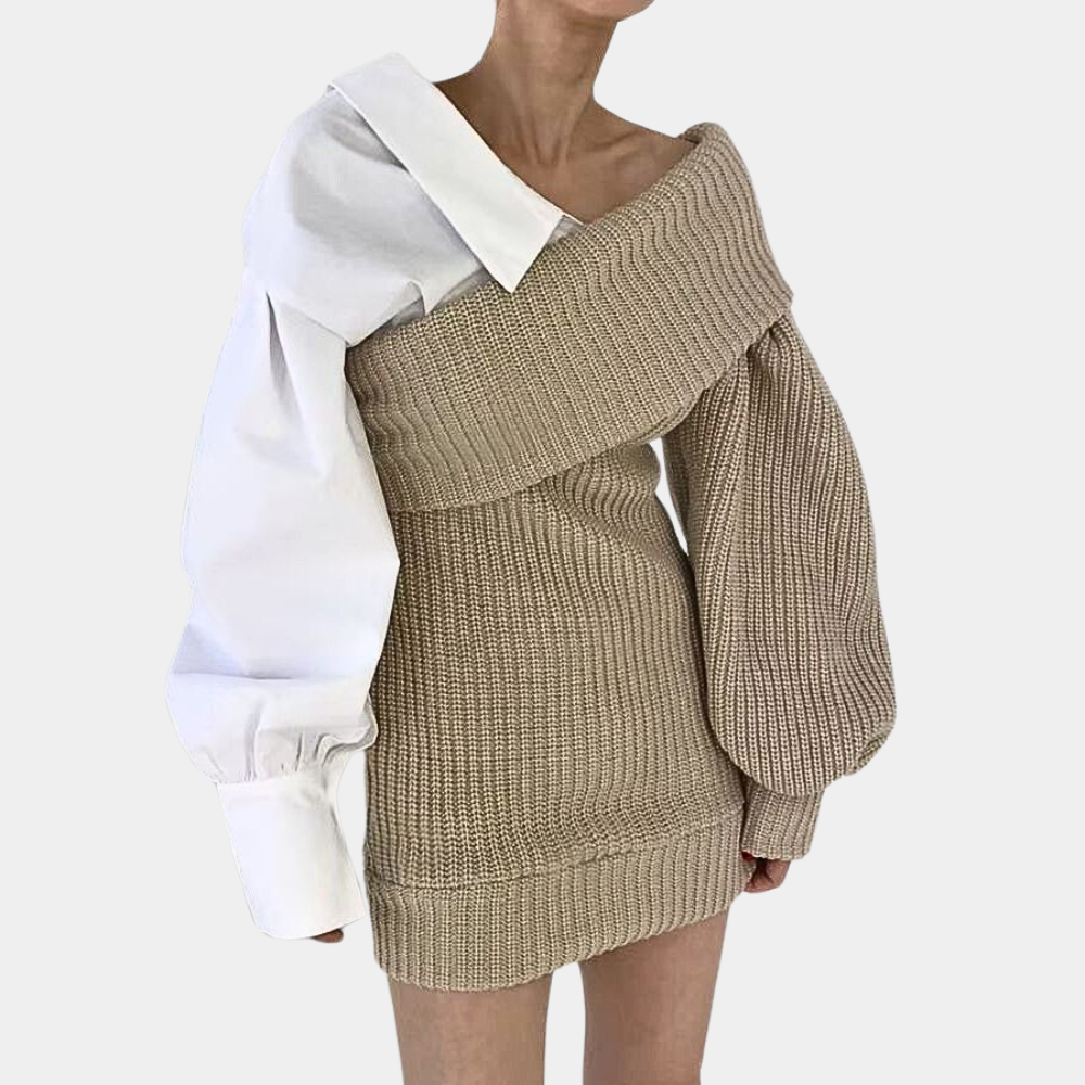 Knitted Off-Shoulder Dress with Contrasting Sleeves – Selina
