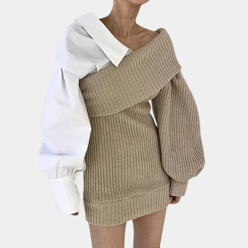 Knitted Off-Shoulder Dress with Contrasting Sleeves – Selina