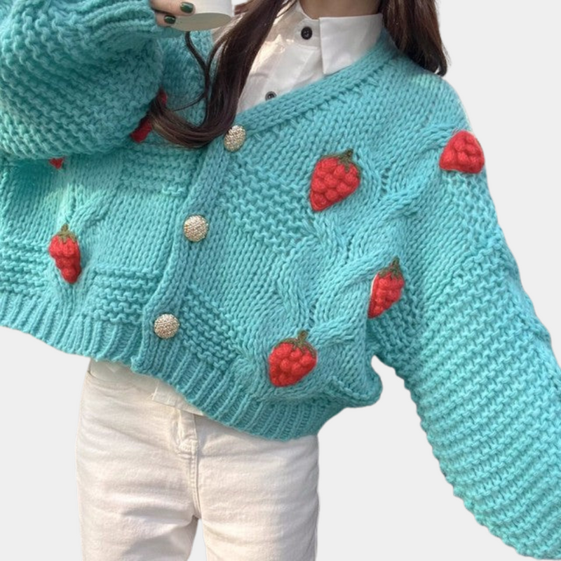 Knitted Ladies Cardigan with Strawberry Details – Poppy