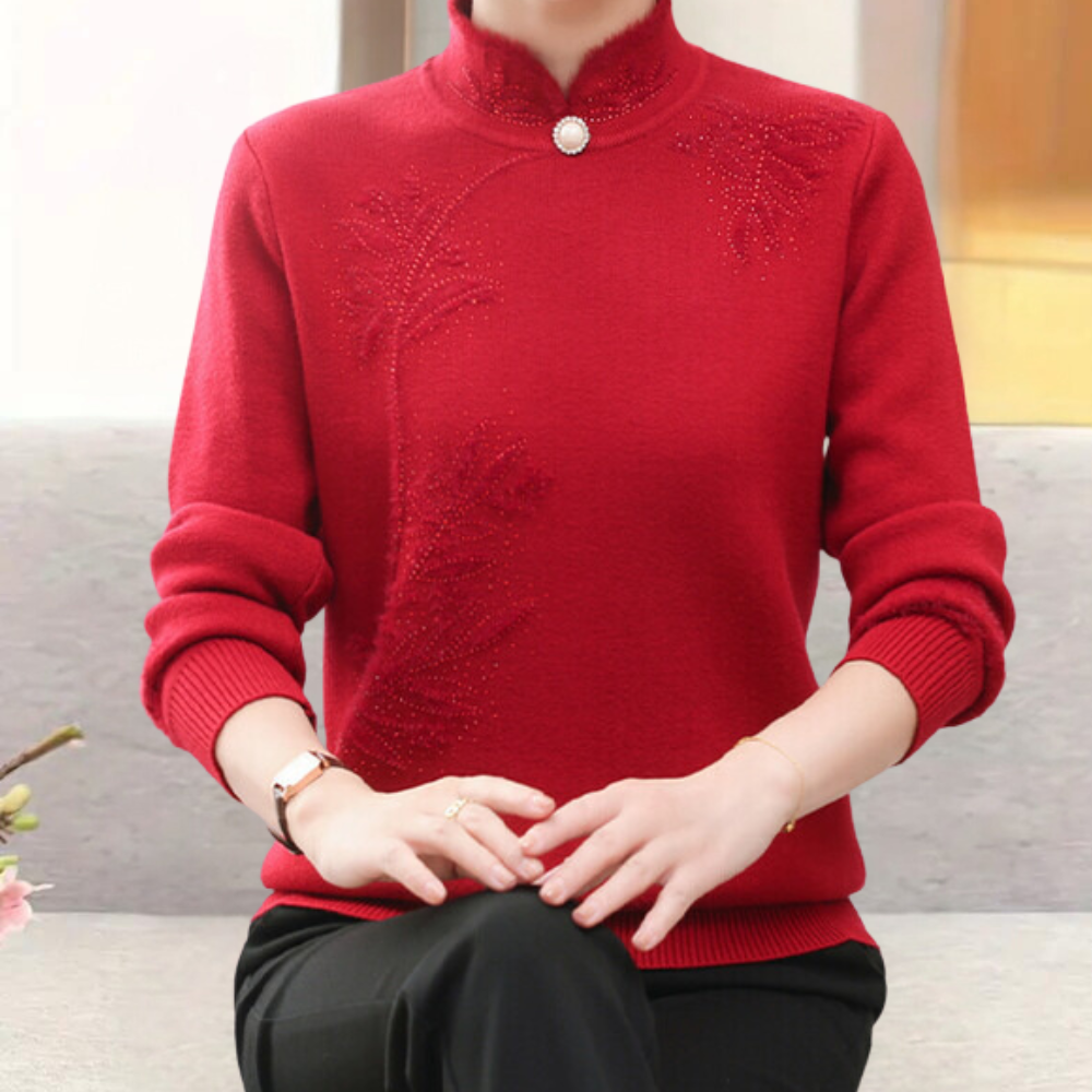Knitted Ladies' Sweater with Floral Pattern and High Collar – Alfhild