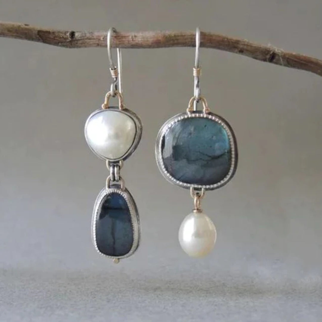 Vintage Earrings with Blue Natural Stone and Pearl - Amalina