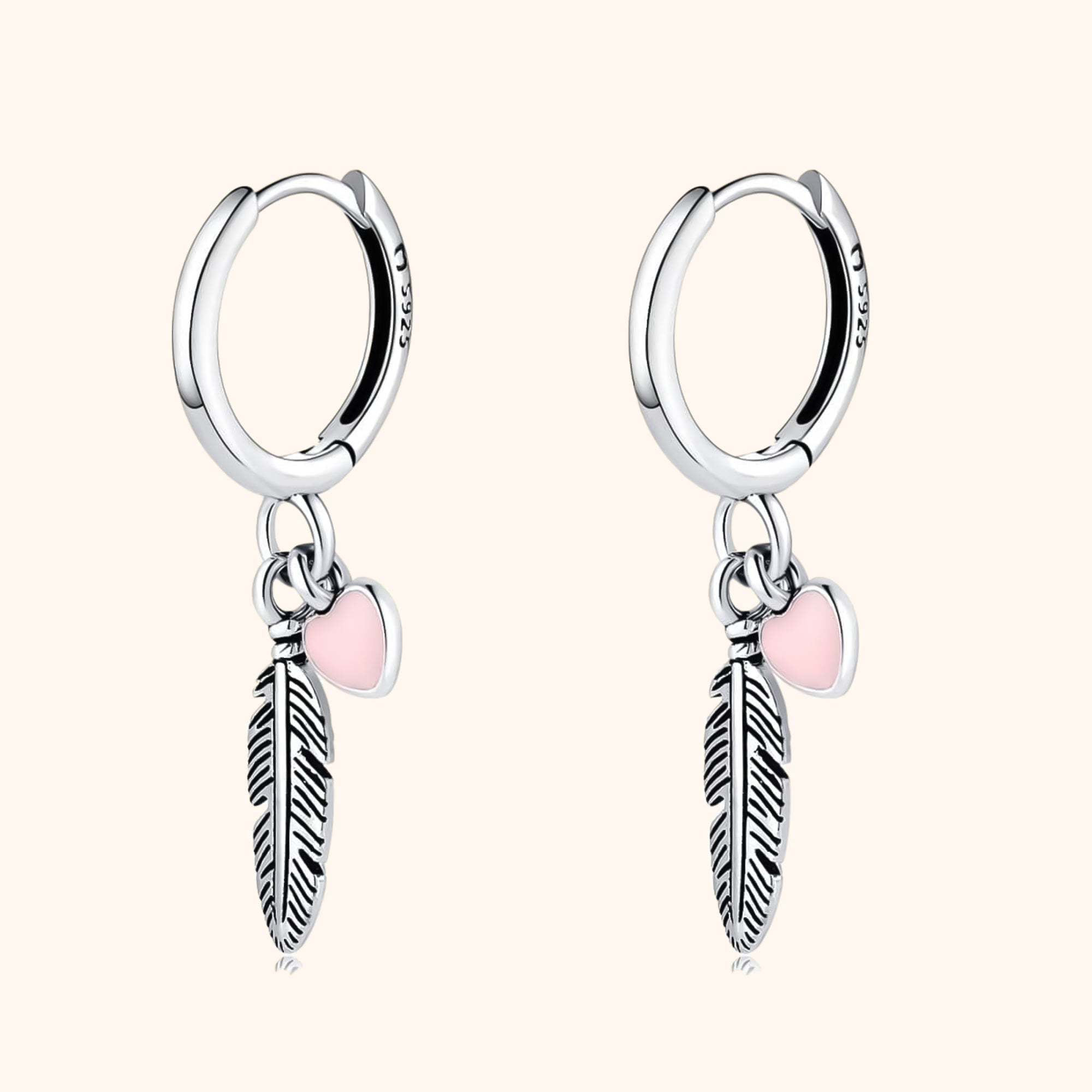 Althea Hoop Earrings with Feather and Heart