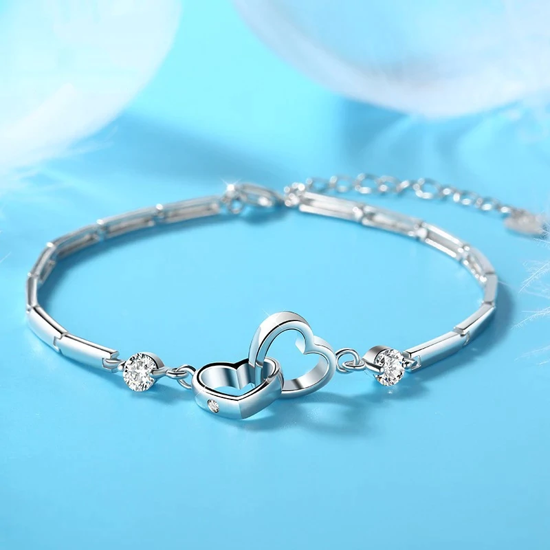 Adjustable 925 Silver Double Heart Bracelet