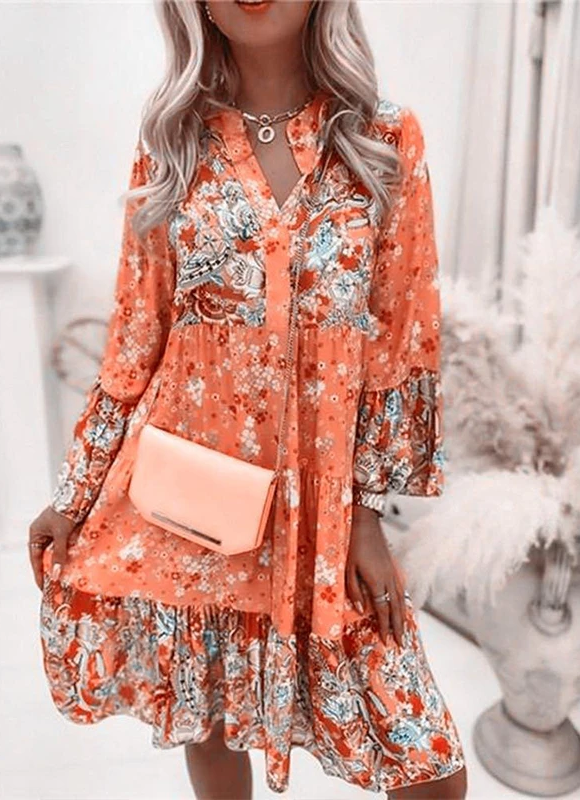 Floral Print Midi Dress With Long Sleeves And Button Closure – Amelise