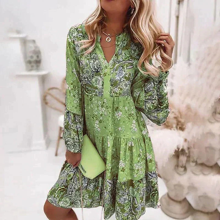Floral Print Midi Dress With Long Sleeves And Button Closure – Amelise