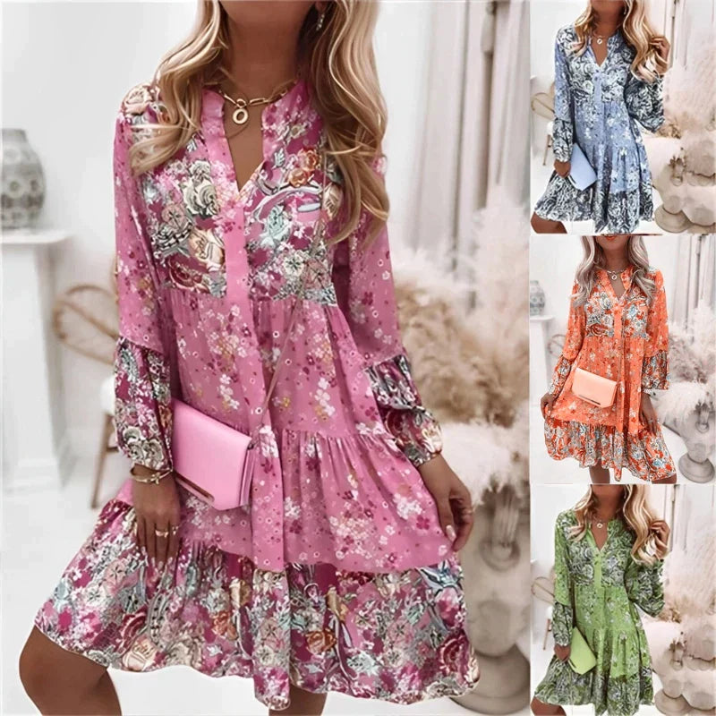 Floral Print Midi Dress With Long Sleeves And Button Closure – Amelise