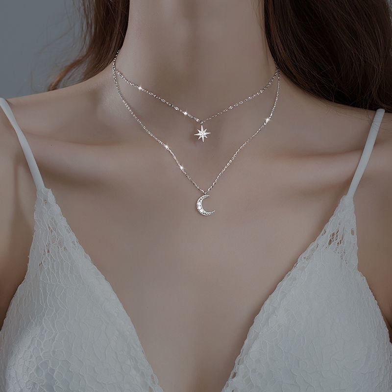 Double Moon Pendant Necklace | Layered Silver Jewellery