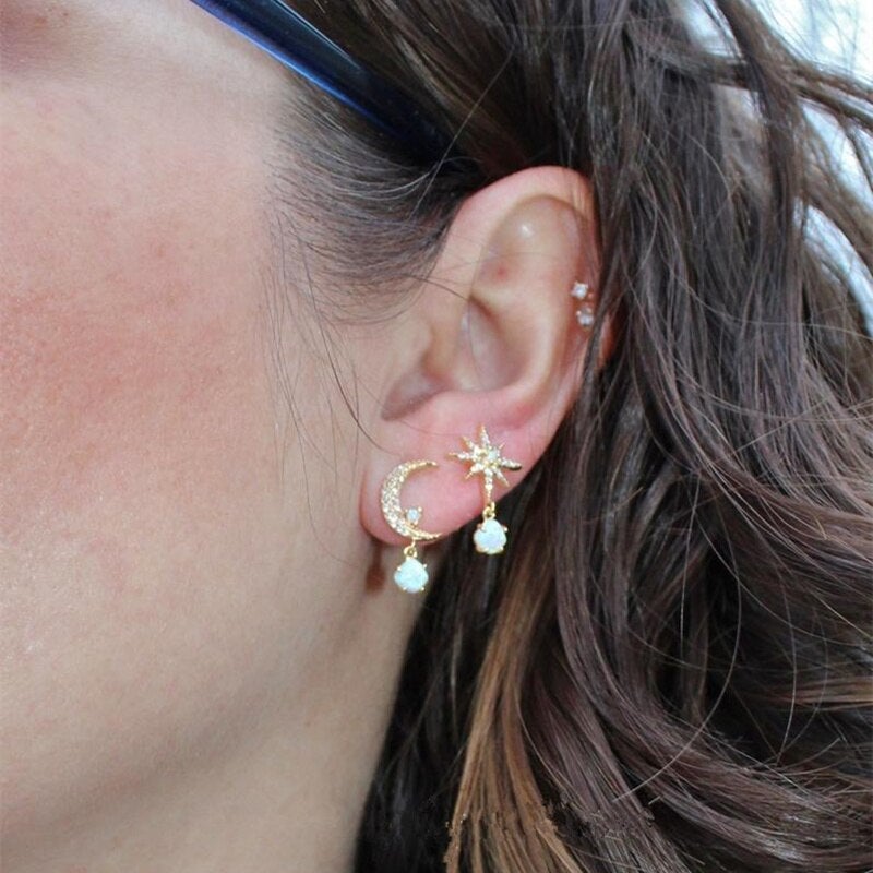 Aurora Gold Moon & Star Opal Earrings