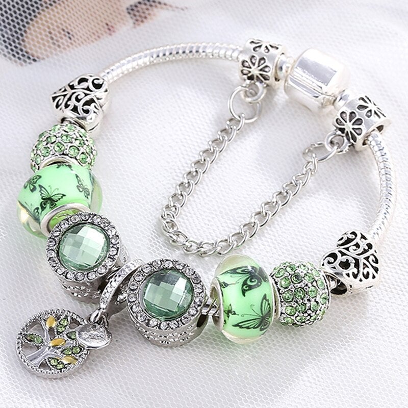 Sterling Silver Bracelet with Green Crystals - Isla