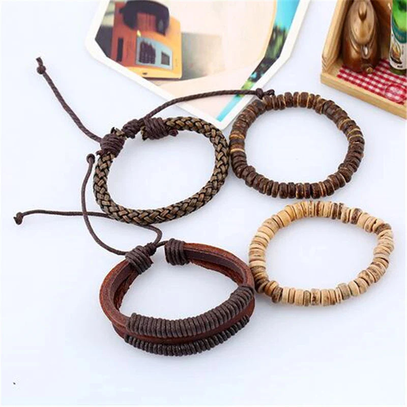 STYLISH 4-PIECE WOOD AND LEATHER BRACELET SET