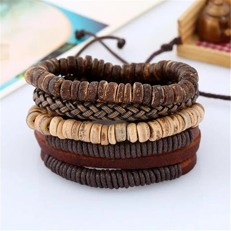 STYLISH 4-PIECE WOOD AND LEATHER BRACELET SET