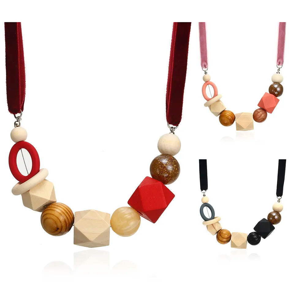 Geometric Pearl Wood Necklace | Modern Design