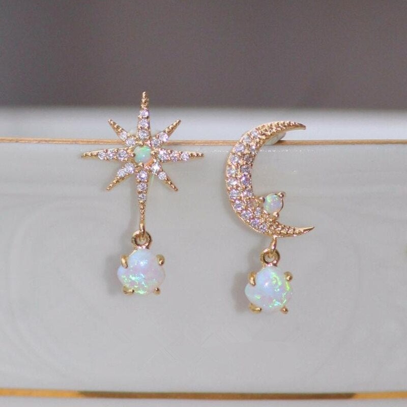 Aurora Gold Moon & Star Opal Earrings