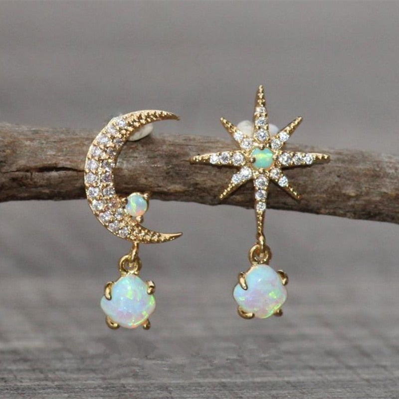 Aurora Gold Moon & Star Opal Earrings