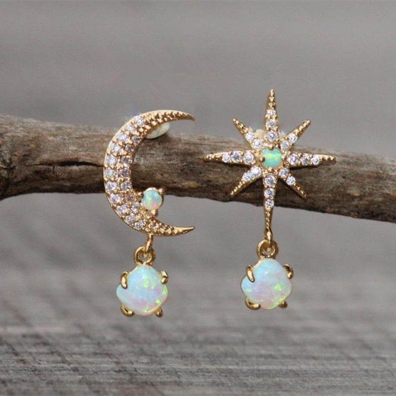 Aurora Gold Moon & Star Opal Earrings