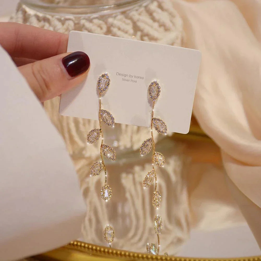 Elegant Long Earrings With Delicate Golden Leaves