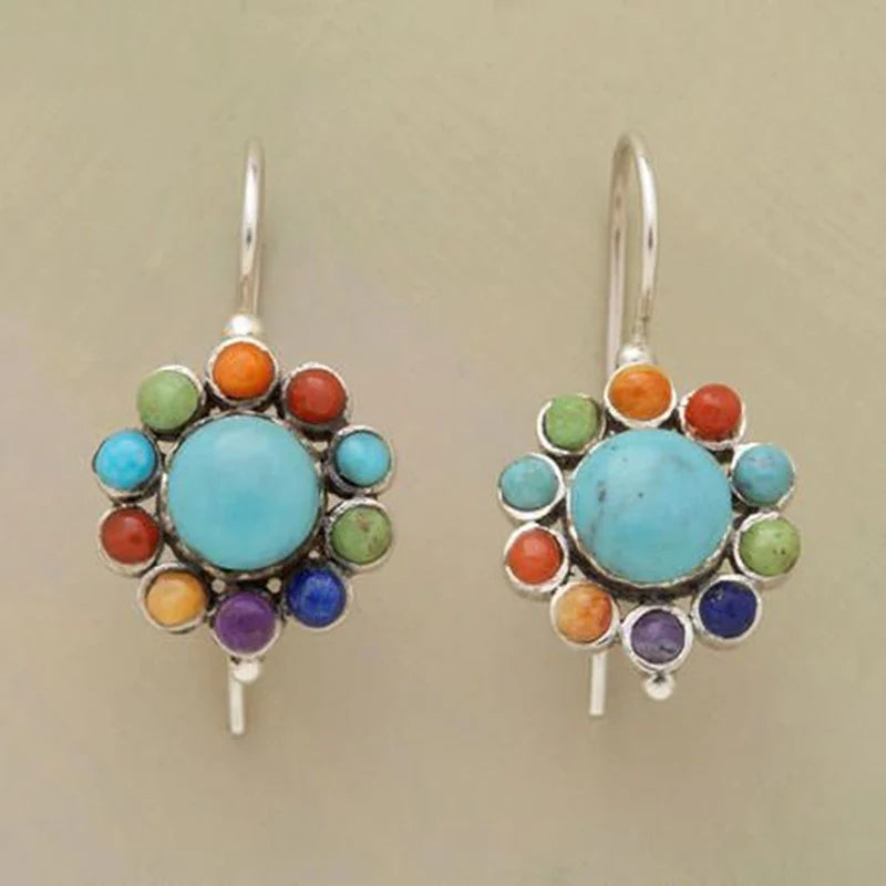 Round Turquoise Earrings with a Colourful Design - Selina