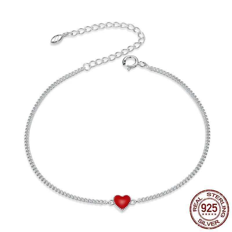 Adjustable Red Heart Charm Bracelet in 925 Sterling Silver