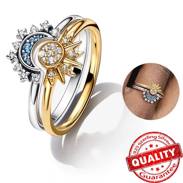 Sparkling Moon & Sun Silver Crystal Ring | Women's Fashion Jewellery