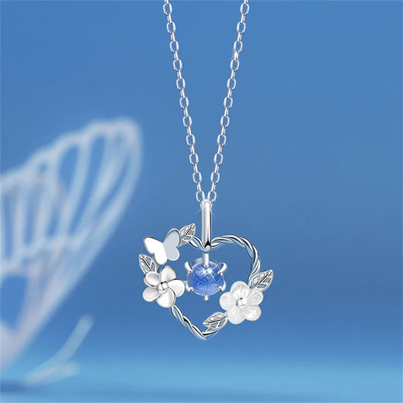 SILVER SEASHELL FLOWER HEART NECKLACE