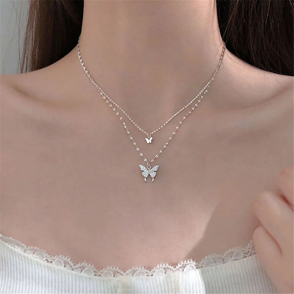 Elegant Silver Necklace Set with Shimmering Butterfly | Sophisticated Jewellery