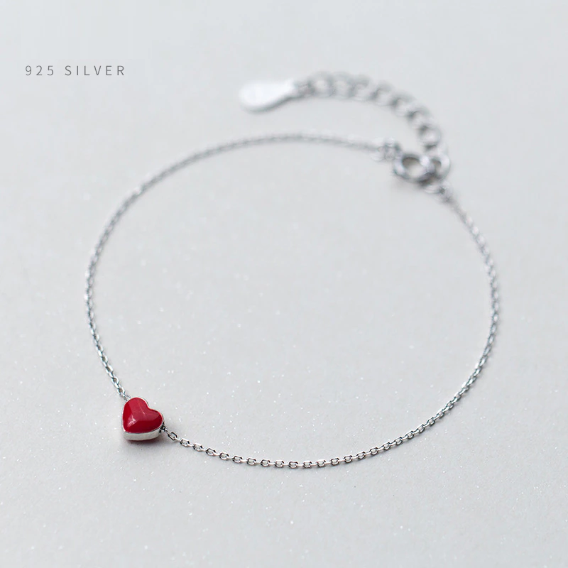 Adjustable Red Heart Charm Bracelet in 925 Sterling Silver