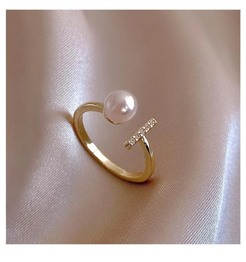 Gothic Open T-Shaped Pearl Ring | Adjustable Design