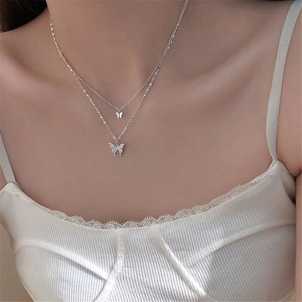 Elegant Silver Necklace Set with Shimmering Butterfly | Sophisticated Jewellery