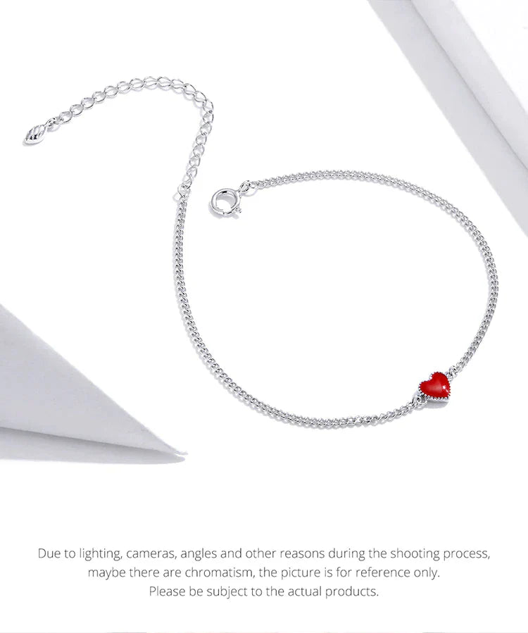 Adjustable Red Heart Charm Bracelet in 925 Sterling Silver