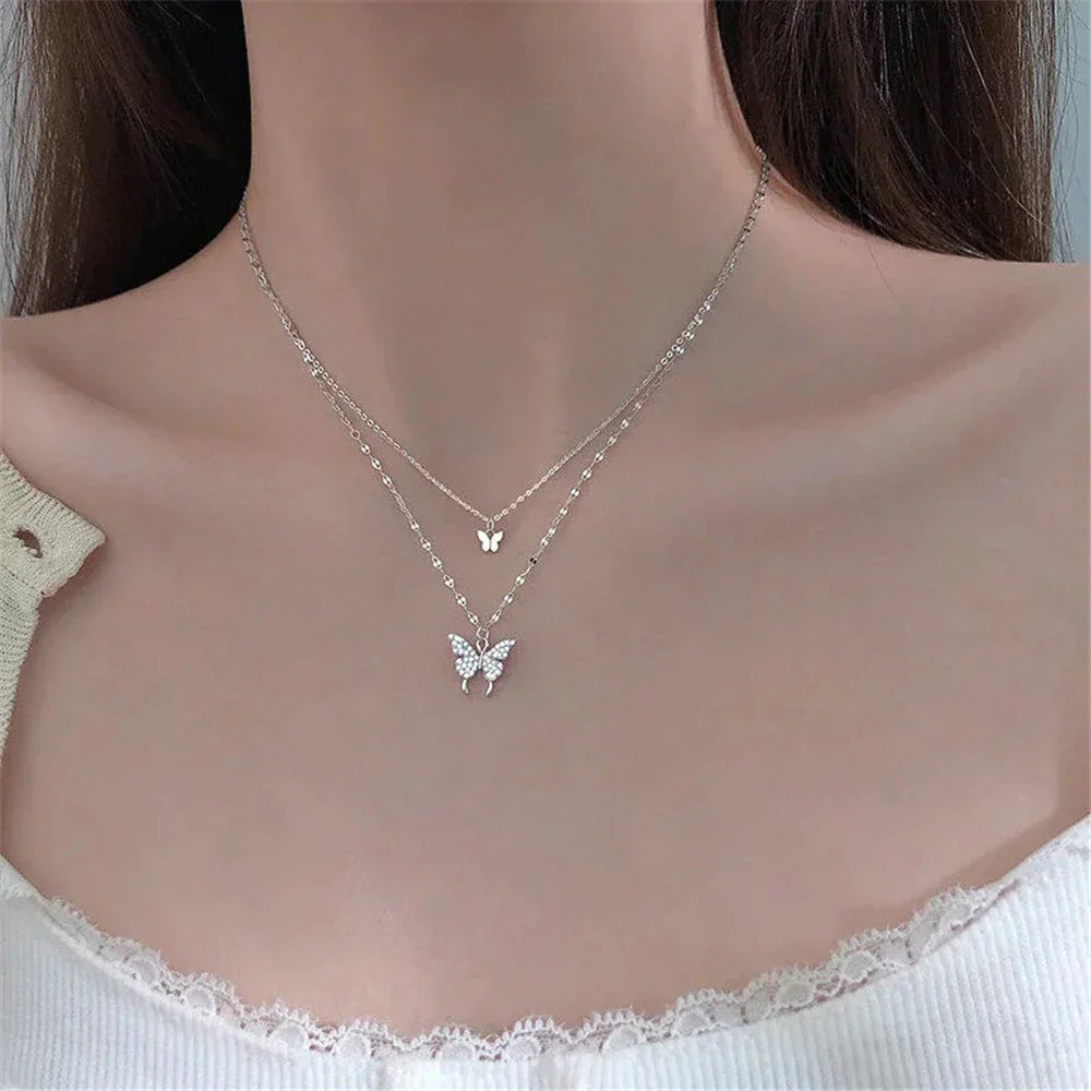 Elegant Silver Necklace Set with Shimmering Butterfly | Sophisticated Jewellery