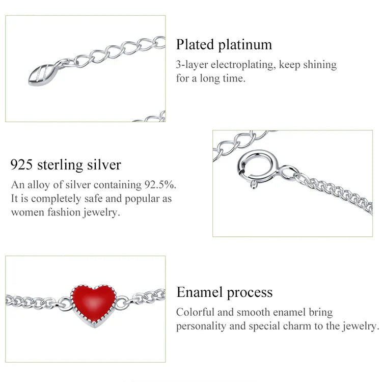 Adjustable Red Heart Charm Bracelet in 925 Sterling Silver