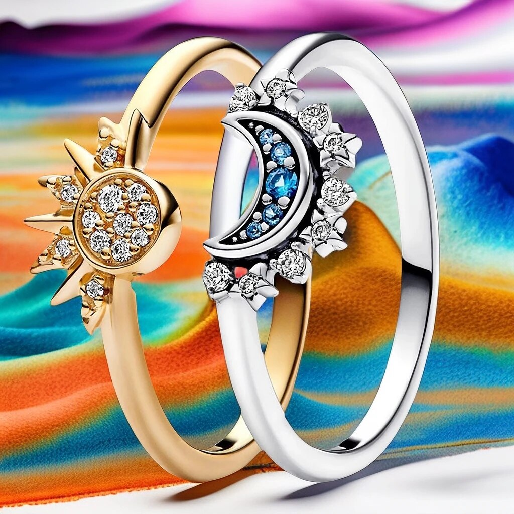 Sparkling Moon & Sun Silver Crystal Ring | Women's Fashion Jewellery