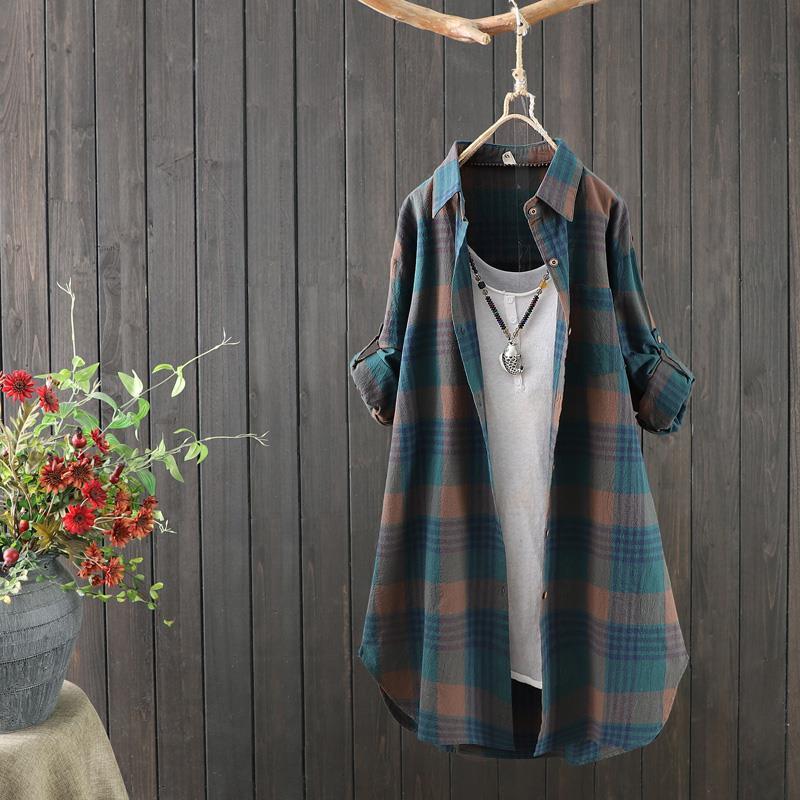 Ladies' Checked Long Blouse with Loose Fit – Rowen