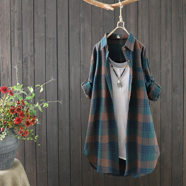 Ladies' Checked Long Blouse with Loose Fit – Rowen